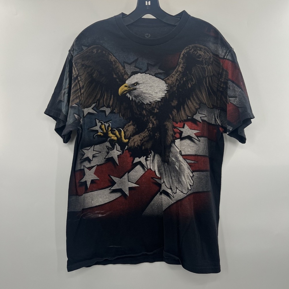 Y2K Liquid Blue Eagle USA Flag Shirt Mens L Black Faded Veteran Military *FLAW